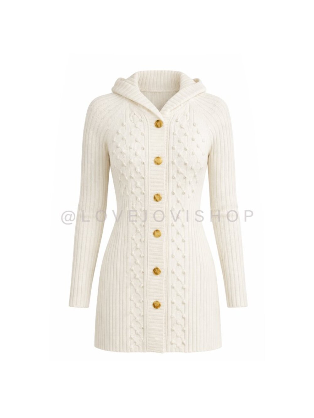 Sweater | Cable Knit Hooded Cardigan Button Front Longline Cream | Preppy Spring - Picture 2 of 12